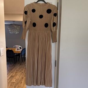 Tan midi dress with black polka dots